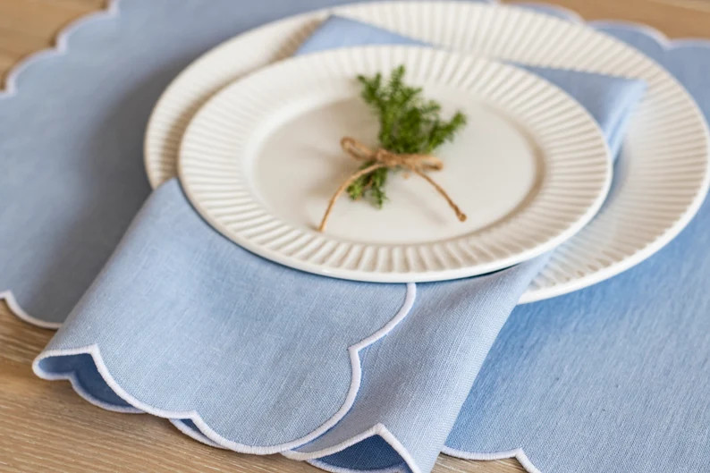 Baby blue linen cloth scallop napkins with white trim for table decor 18''x18'' size set of 4, 6 ... | Etsy (US)