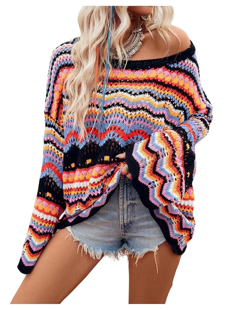 Floerns Women's Colorful Sweater Crochet Open Knit Long Sleeve Drop Shoulder Oversized Sweater | Amazon (US)