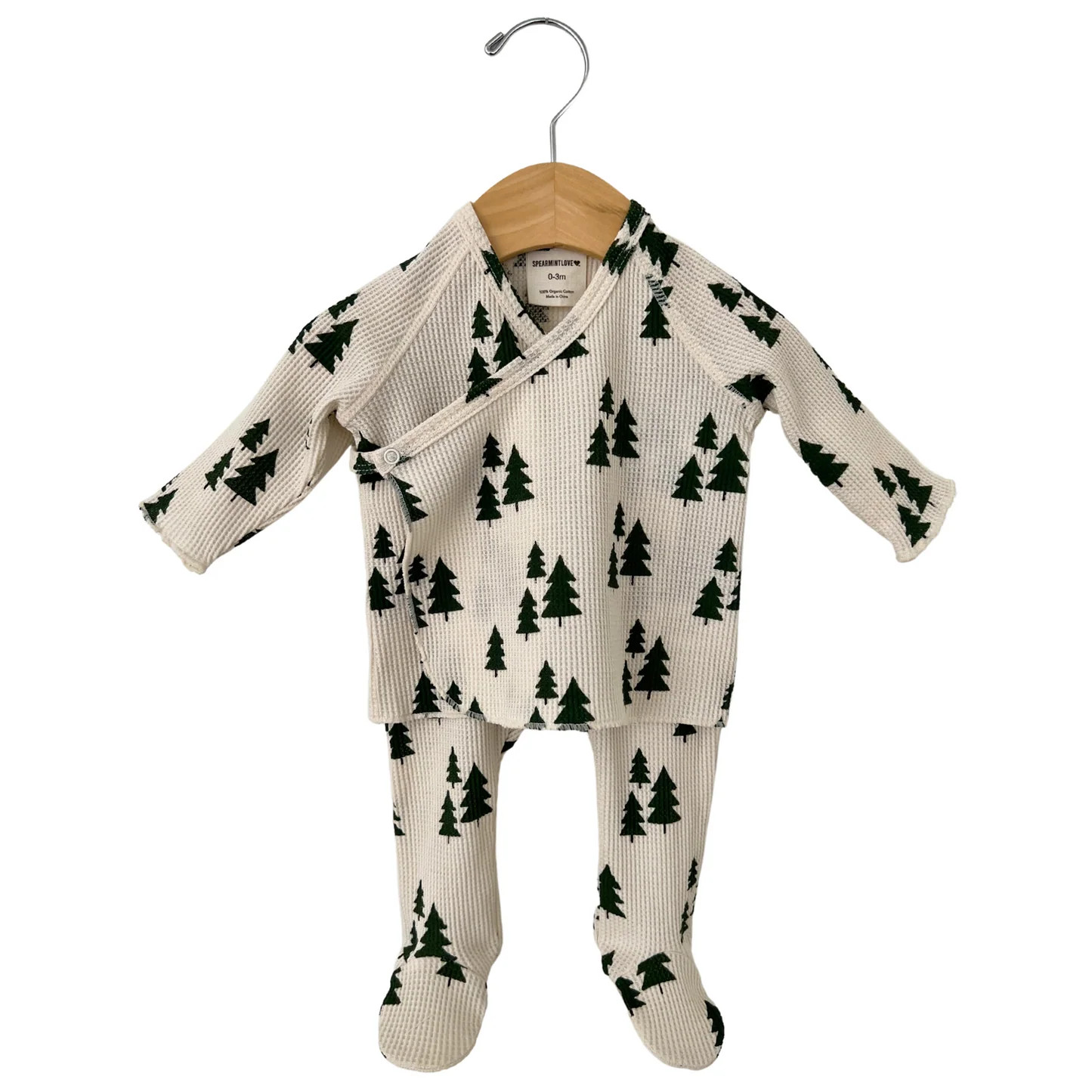 Organic Waffle Kimono & Pant Set, Forest Green Trees | SpearmintLOVE