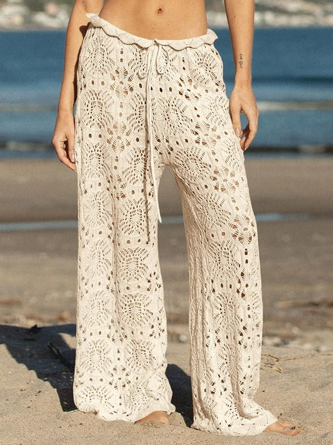 Saodimallsu Womens Crochet Swimsuit Coverup Pants High Waisted Drawstring Sexy Sheer Mesh Knit Wi... | Amazon (US)