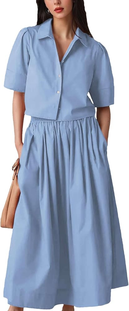 Womens Summer 2 Piece Outfits Skirt Sets Button Short Sleeve Tops Elastic Waist Maxi Dress Sets w... | Amazon (US)