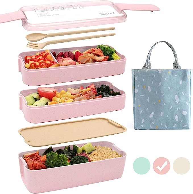 Ozazuco Bento Box Japanese Lunch Box,3-In-1 Compartment - Wheat Straw, Leakproof Eco-Friendly Ben... | Amazon (US)