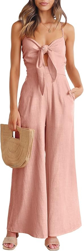 ANRABESS Jumpsuit for Women Casual Summer Beach Vacation Outfits Sleeveless Tie Knot Cutout Linen... | Amazon (US)