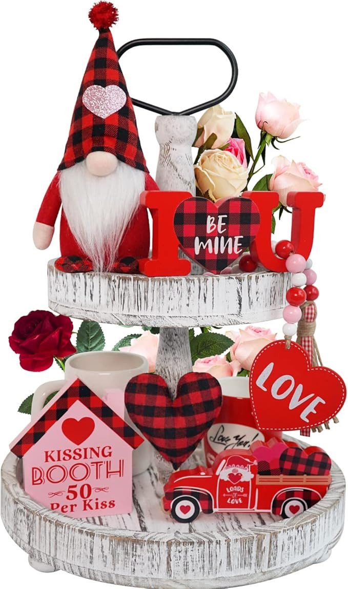 Valentines Day Decor, 6pcs Valentine Gnome Tiered Tray Bundle, Buffalo Plaid Valentine Gnome Plus... | Amazon (US)