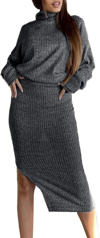 PRETTYGARDEN Women's 2 Piece Outfit Fall Long Sleeve Turtleneck Knit Ribbed Top Midi Skirt Dress ... | Amazon (US)