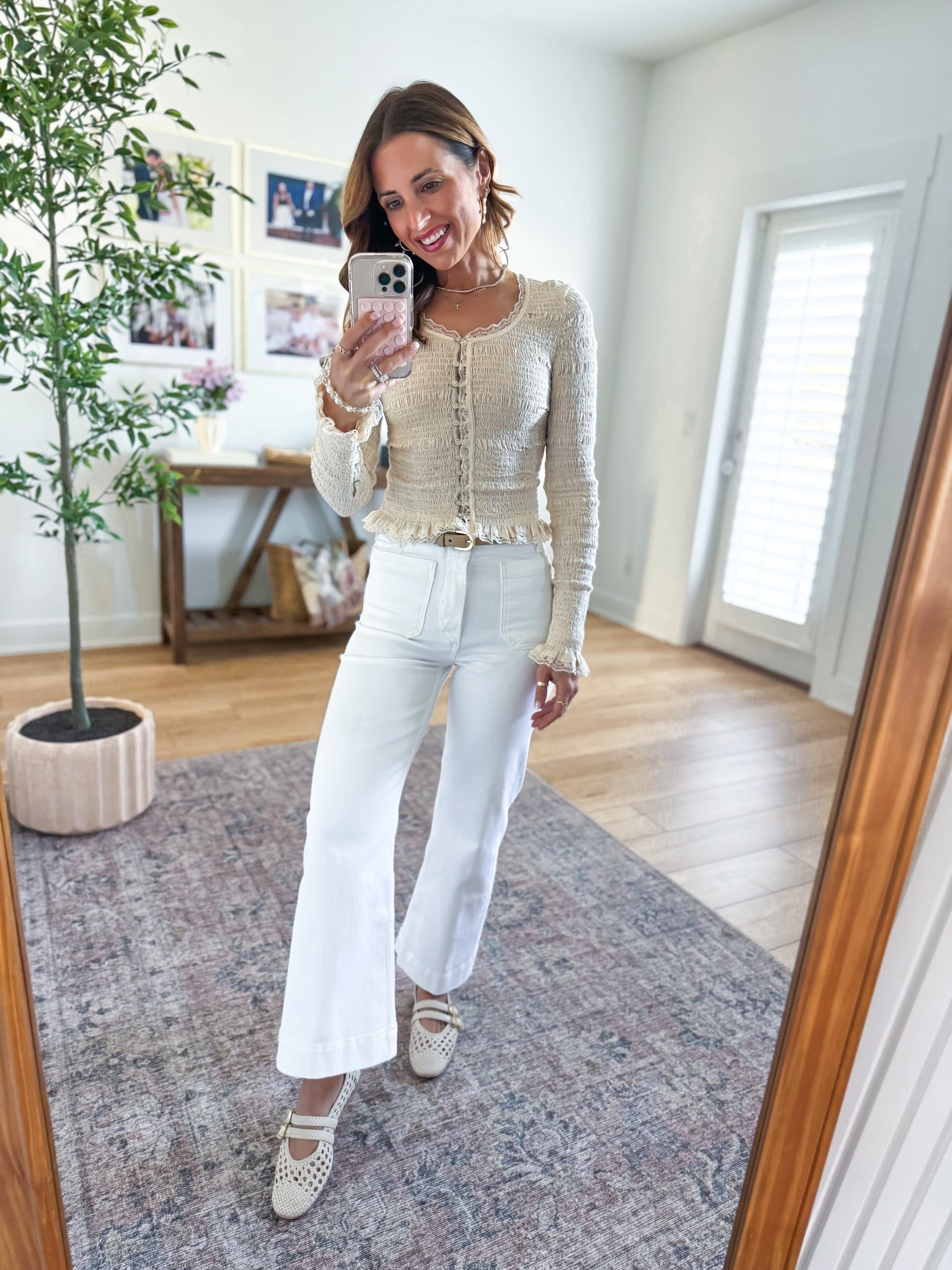 Elevated casual outfit. Mom outfit. Anthropologie Colette crop wide leg jeans in 24 regular (linking full length version, too). I do regular length in these since it’s a crop style! 99% cotton with a little stretch and won’t lose shape. This is a thicker denim material and SO perfect for spring and summer. The perfect white jeans! XS in free people too. Woven ballet flats are TTS. 

#LTKPetite #LTKmorningroutine #LTKootd