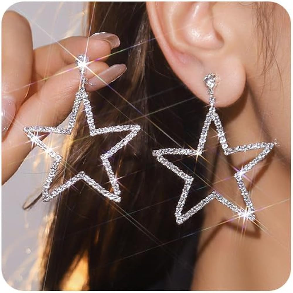 Silver Star Earrings for Women Sparkly Rhinestone Hollow Star Drop Dangle Earrings Statement Star... | Amazon (US)