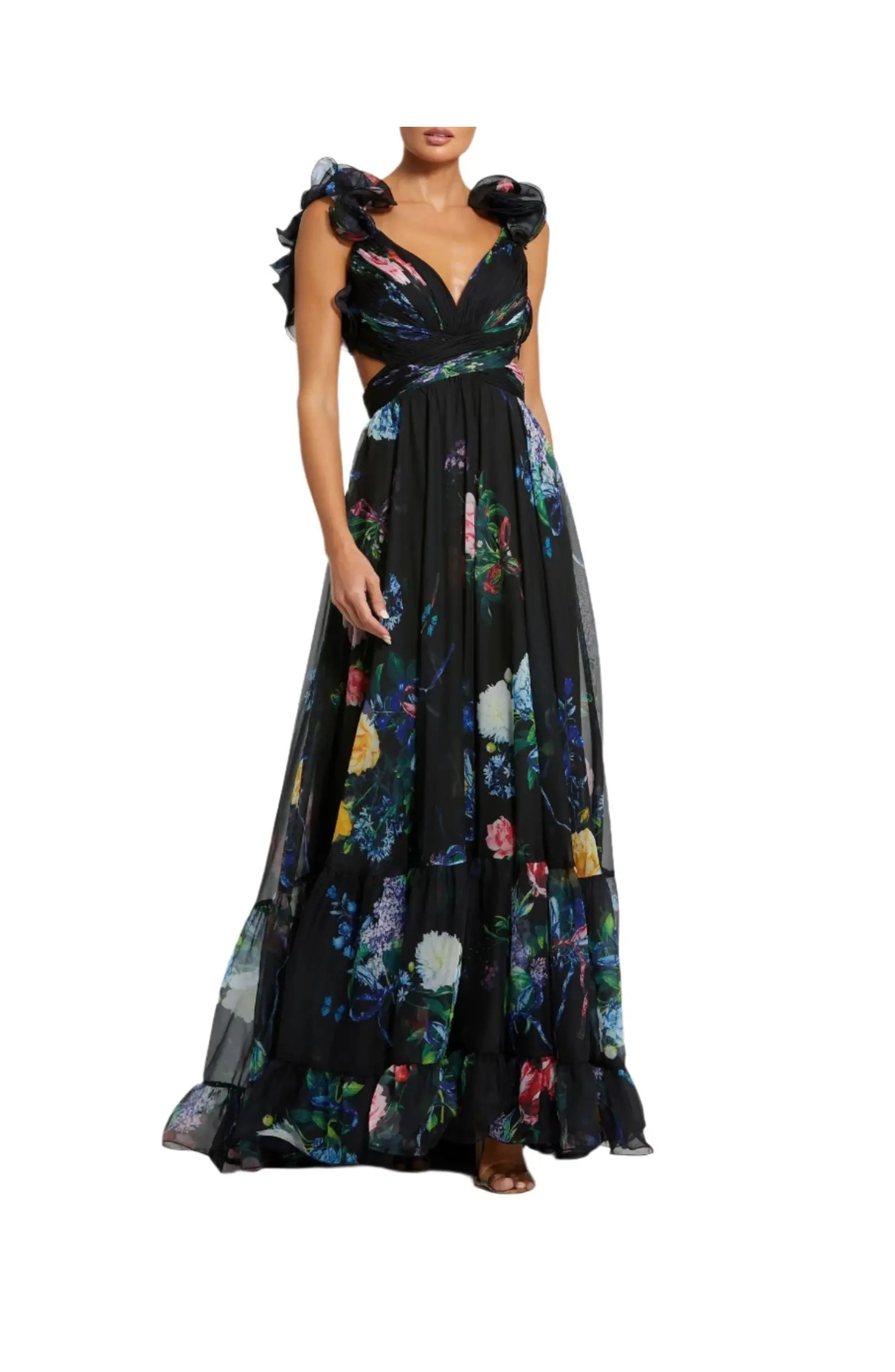 Ruffle Tiered Floral Cut-Out Chiffon Gown | Nordstrom