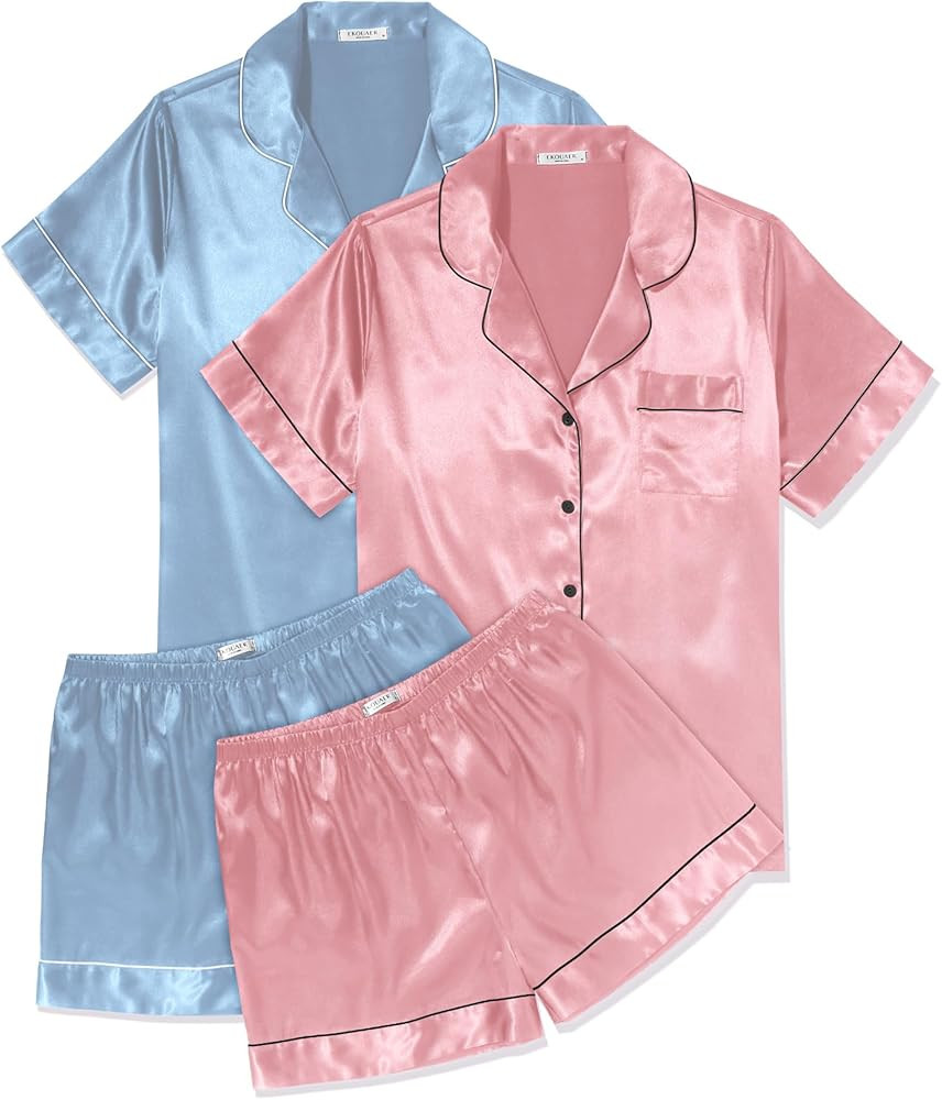 Ekouaer 2 Pack Womens Pajama Sets Silk Satin Short Sleeve Button Down Sleepwear Top and Shorts Pj... | Amazon (US)