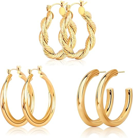 Gold Hoop Earrings Set for Women, 3 Pairs 18K Gold Silver Earrings Hypoallergenic Hoop Earrings L... | Amazon (US)