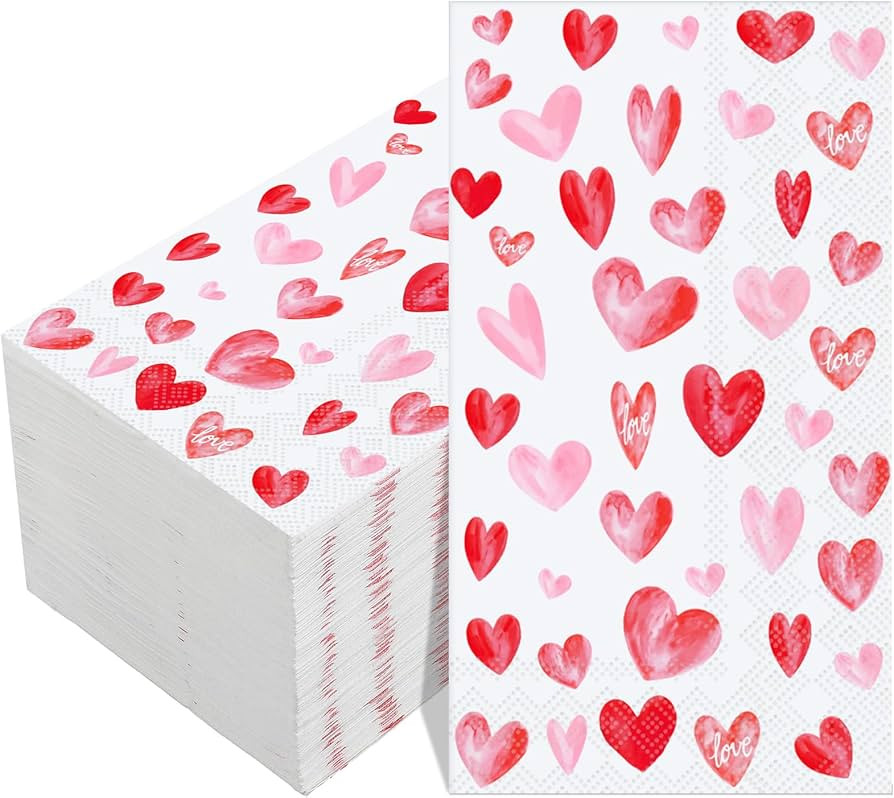100 Pcs Valentine's Day Paper Napkins 7.87 x 4.33 Pink Red Watercolor Heart Cocktail Napkins 3 Pl... | Amazon (US)