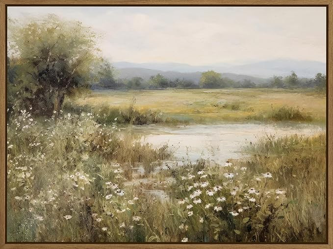 Vintage Landscape Wall Art Spring Wildflower Field Pictures Wall Decor Rustic River Pond Painting... | Amazon (US)