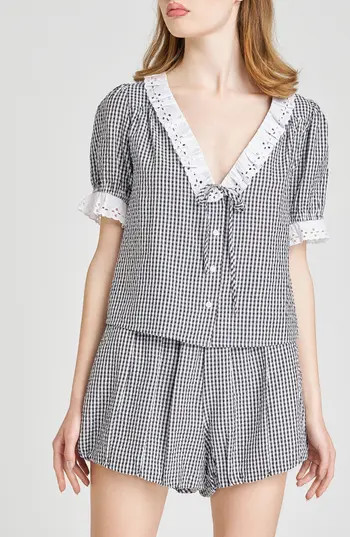 WAYF x Styled by COCO! Maggie Eyelet Detail Seersucker Top in Black Seersucker at Nordstrom Rack, Size X-Large | Nordstrom Rack