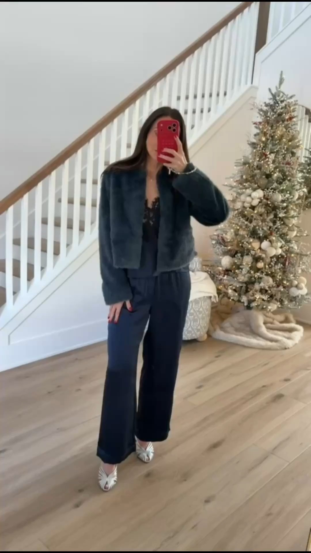 Date night outfit, satin matching set, navy satin set, navy faux fur jacket, elegant outfit ideas, chic party outfit, evening chic outfit, annabrstyle

#LTKootd #LTKOver40 #LTKSeasonal