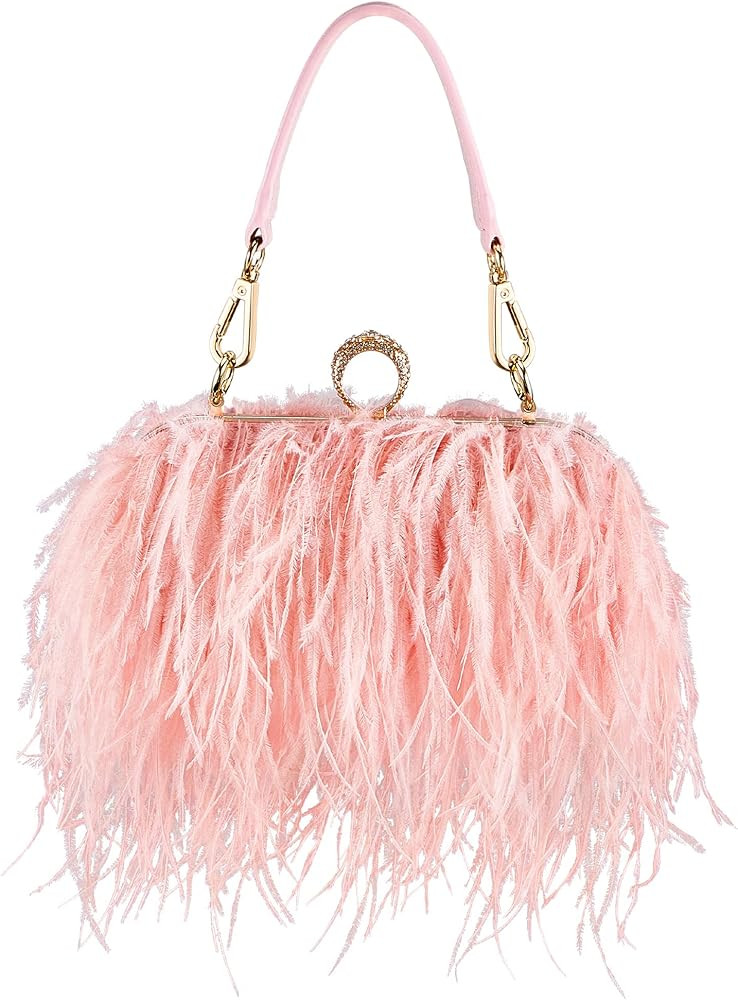 Women Ostrich Feather Tote Bag Fluffy Purse Clutch Feather Evening Handbag for Wedding Anniversary P | Amazon (US)