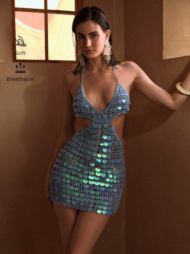 MOTF PREMIUM SUMMER BEACH CROCHET SEQUINS TIE BACKLESS HALTER COVER UP DRESS | SHEIN