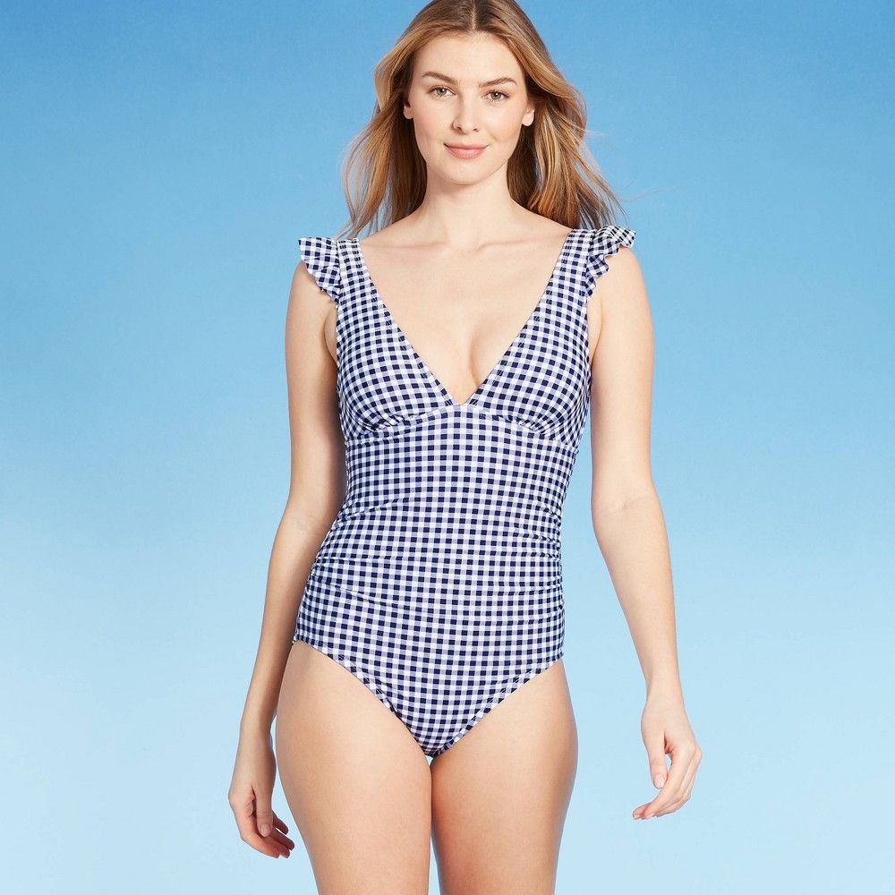 Women's Ruffle Gingham High Coverage One Piece Swimsuit - Kona Sol Navy M, Blue | Target
