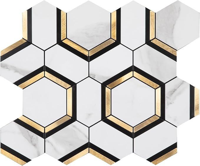 Diflart Peel and Stick Backsplash Tile, White and Gold, Hexagon, Marble Veins with PVC Mixed Meta... | Amazon (US)