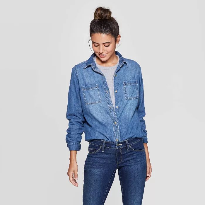 Women's Long Sleeve Labette Denim Woven Shirt - Universal Thread™ Blue | Target