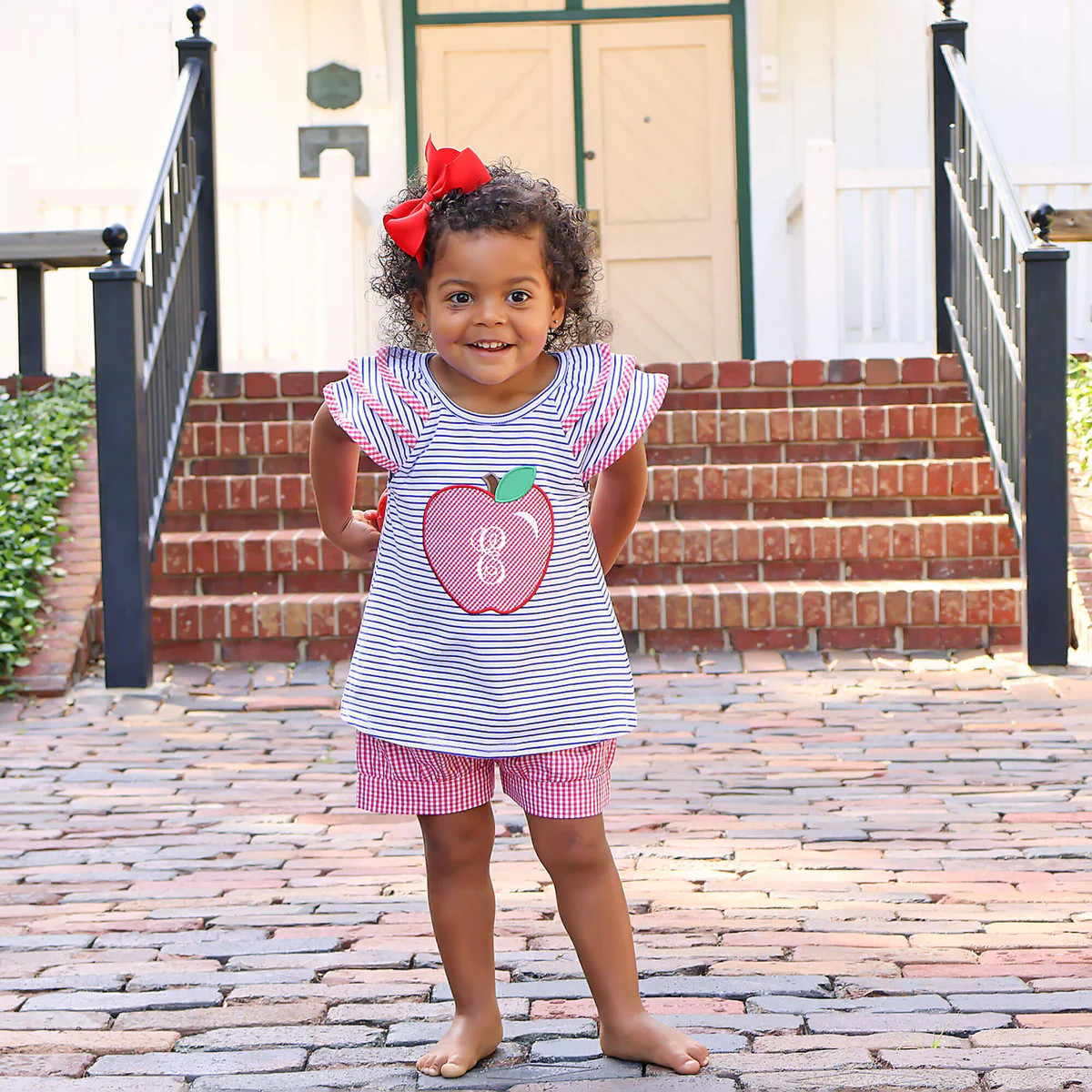 Apple Applique Blue Stripe & Red Gingham Double Ruffle Sleeve Short Set | Classic Whimsy