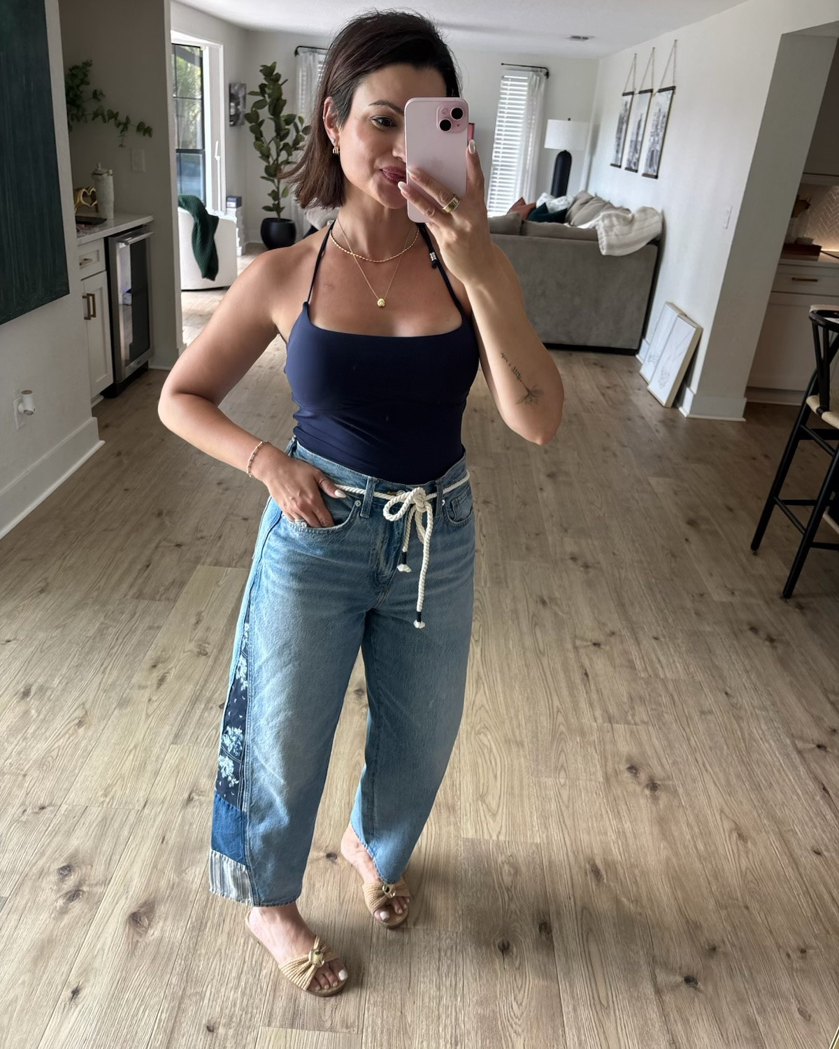 My tan y halter top is currently on sale for under $20! So soft, double lined, and comes with a built in bra. 

I love how the navy really brings out the print along the sides of these jeans I got from @Target! The drawstring detail is also a nice touch. Another great Memorial Day or Fourth of July outfit idea!

#LTKootd #LTKgrwm #LTKdayinmylife
