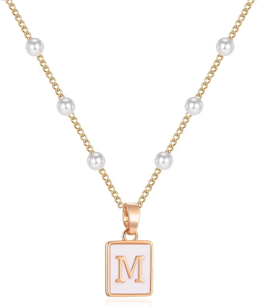 MJartoria Champagne Gold Initial Necklace for Women, Simple Square Pendant Letter A-Z Necklace, D... | Amazon (US)