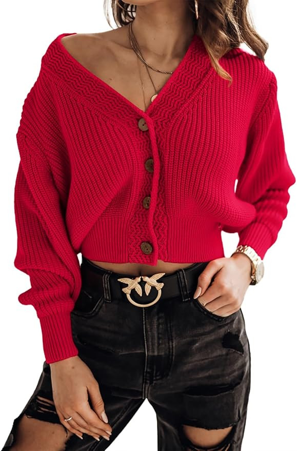 Febriajuce Women's Long Sleeve V-Neck Button Down Rib Knit Cropped Cardigan Sweater | Amazon (US)