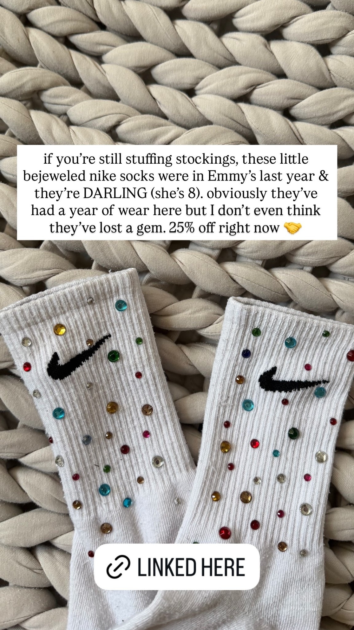 if you’re still stuffing stockings, these little bejeweled nike socks were in Emmy’s last year & they’re DARLING (she’s 8). obviously they’ve had a year of wear here but I don’t even think they’ve lost a gem. 25% off right now 🤝

#LTKHoliday #LTKGiftGuide #LTKKids