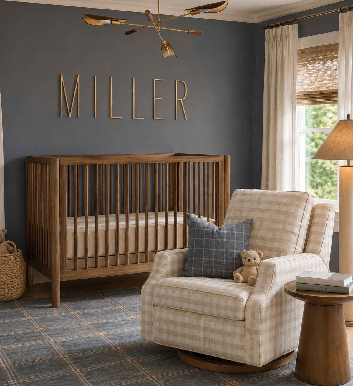 Baby Mills new nursery with plaid and Smokey blue elements for a classic nursery 

Baby nursery crib rug lighting