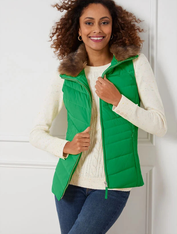 Faux Fur Collar Down Puffer Vest | Talbots