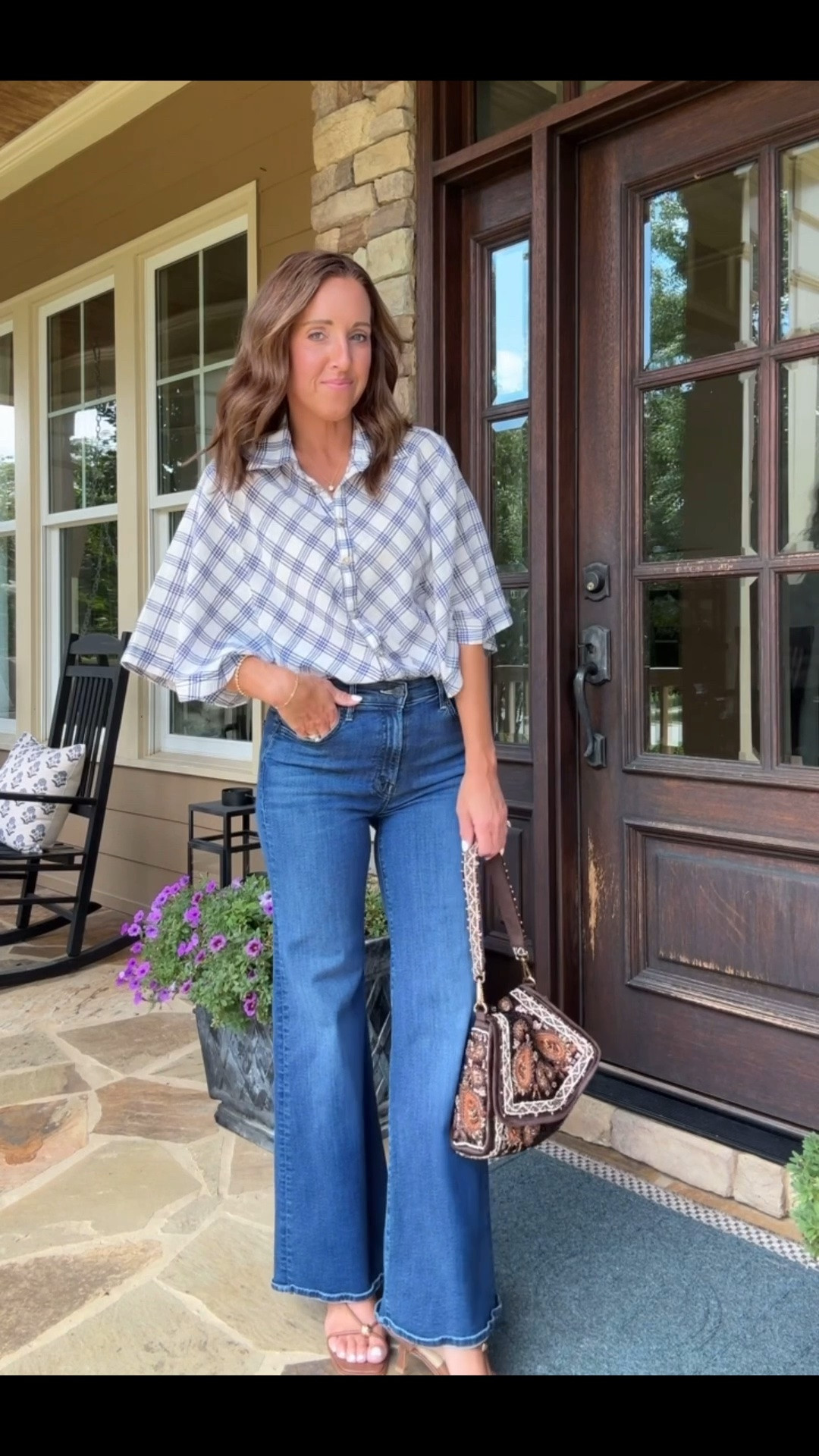 Fall plaid. Cape style buttondown. Beaded Fall bag. Anthropologie. Fall style. 
Top XS. Jeans TTS, 25. Bag is brown bandana

#LTKootd #LTKSeasonal #LTKOver40