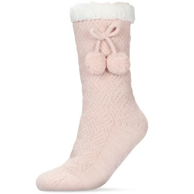 Memoi Women's Pair of Poms Plush-Lined Slipper Socks Pink 9-11 | Target