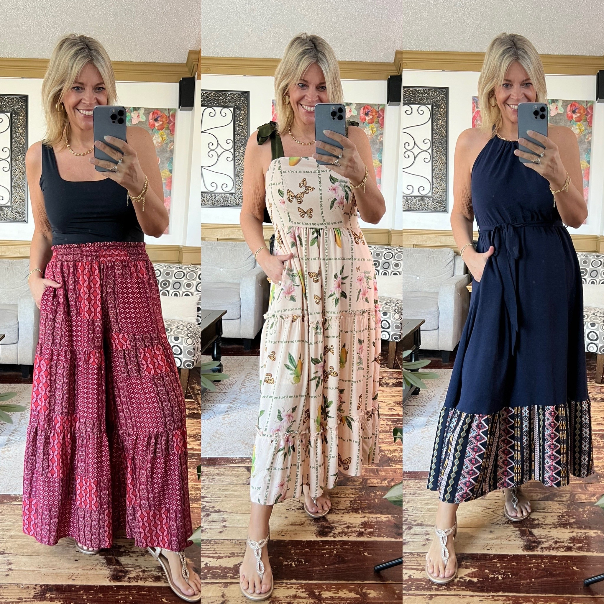 Boho flowy pants size 12, flowy dresses size 10, tank size large. 

#LTKMidsize #LTKOver40 #LTKFestival
