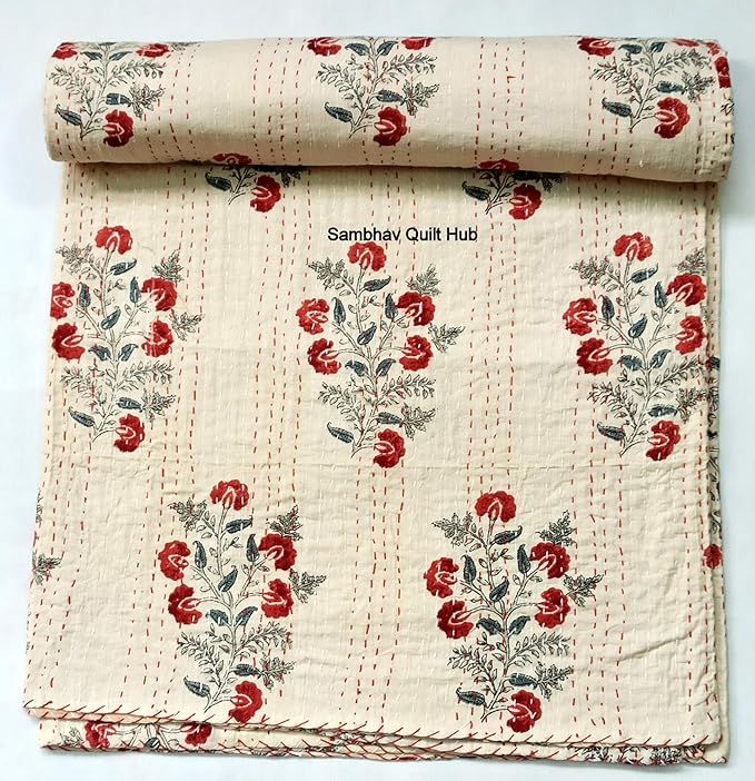 Indian Floral Kantha Quilt Block Printed Kantha Blanket Cotton King Kantha Bedspread Handmade Kan... | Amazon (US)