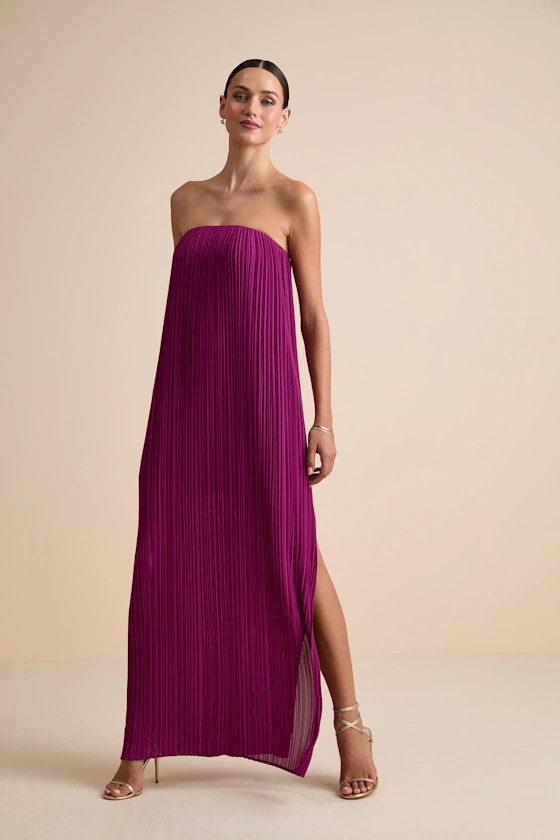 Yamuna Magenta Pleated Strapless Maxi Dress | Lulus