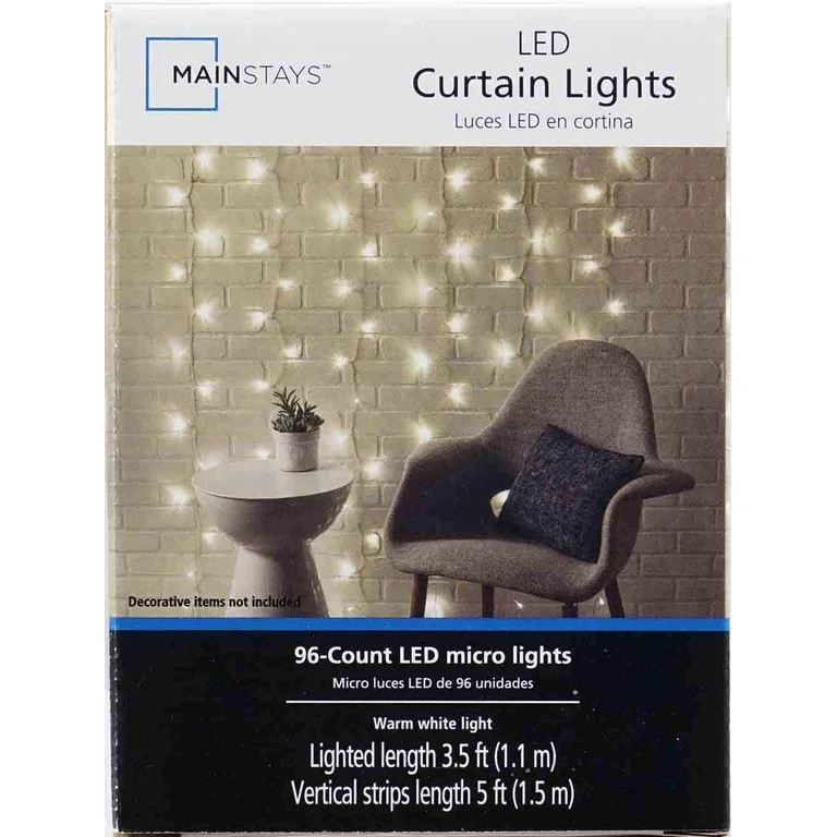 Mainstays 96-Count Indoor Curtain Lights, with Warm White LED Light Bulbs, Corded Electric, 4.5 V... | Walmart (US)