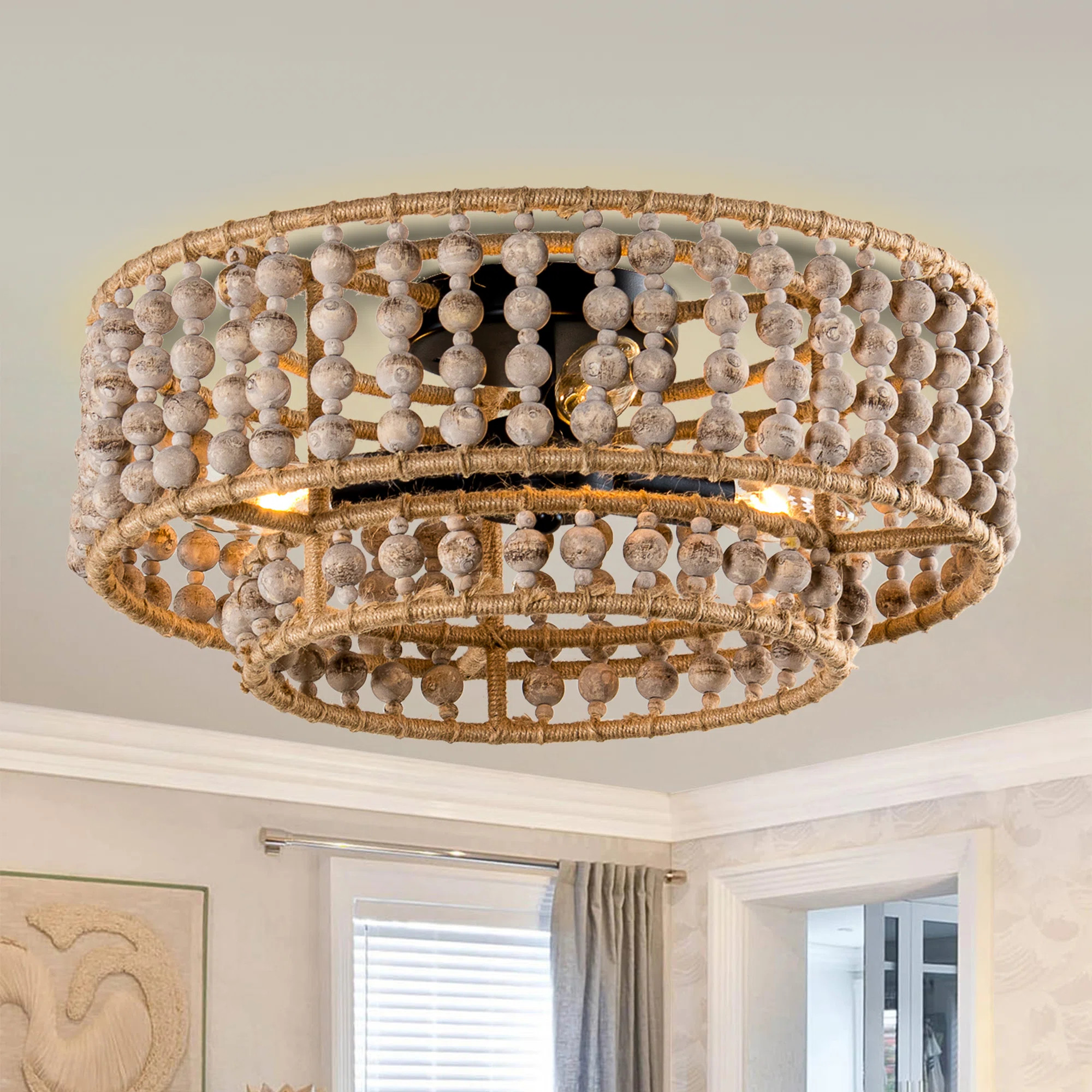 16" Boho 3-Light 2-Tiered Wood Beaded Dimmable Flush Mount Ceiling Light | Wayfair North America