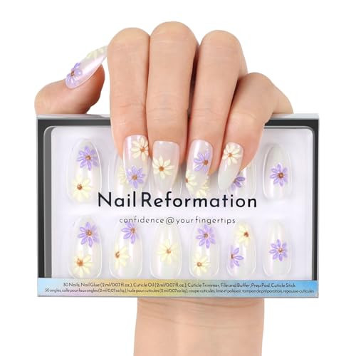 Nail Reformation Press On Nails, Silver Thistle | 3D Floral Medium Almond Fake Nails in Lavender & Gold Shimmer in Glossy Finish, Reusable Stick On Nails in 15 Sizes - 30 Nail Kit for Women Gifts | Amazon (US)