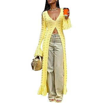 Amazon.com: LETSVDO Long Sweaters for Women Open Front Oversized Cute Boho Cardigan Yellow Croche... | Amazon (US)