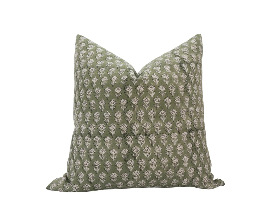 ADITA Green Block Print Pillow Cover Moss Green Floral Pillow Dark Green Pillow Olive Green Flora... | Etsy (US)