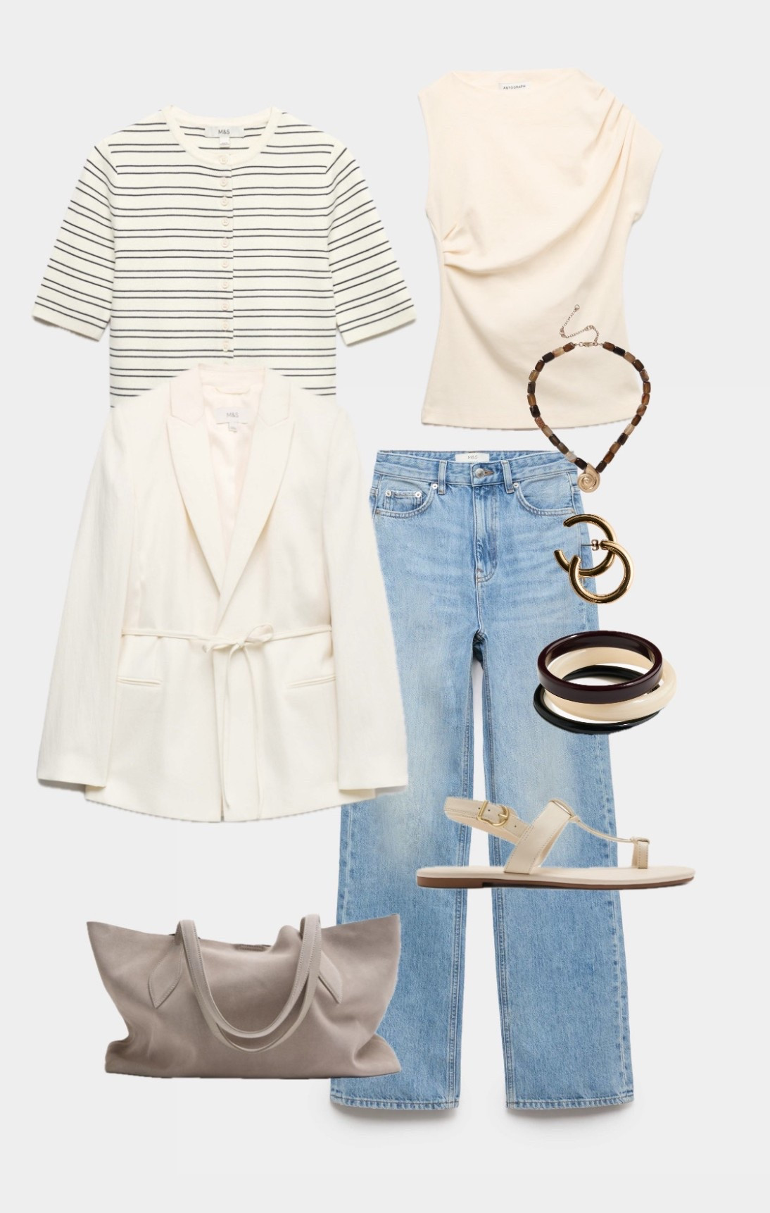 Stripe Cardi
Cream Blazer 
Blue Jeans 
Neutral Accessories
Suede Tote Bag
Cream Ecru Sandals   

#LTKstyletip #LTKjeans #LTKspring