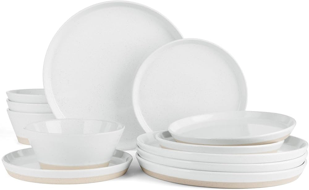 Famiware Saturn Dinnerware Sets, 12 Pieces Dish Set, Plates and Bowls Sets for 4, White | Amazon (US)