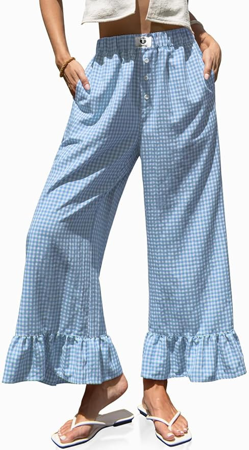 TARSE Women’s Plaid Wide Leg Pants Flared Leg Baggy Drawstring Ruffle Palazzo Pants with Pocket... | Amazon (US)