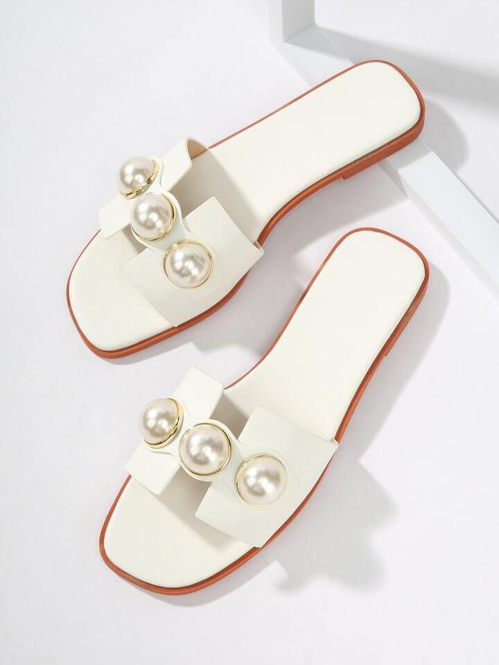 Women Faux Pearls Decor Slides, Open Toe Elegant Flat Sandals | SHEIN