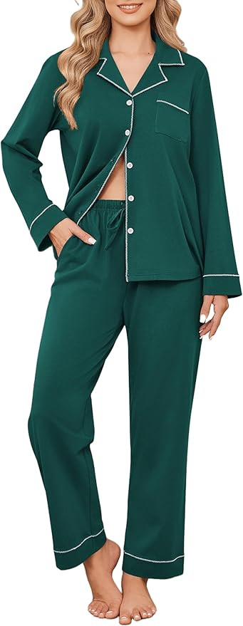 Ekouaer Womens Cotton Pajama Sets 2 Piece PJs Long Sleeve Sleepwear Button Down Tops and Pants Co... | Amazon (US)