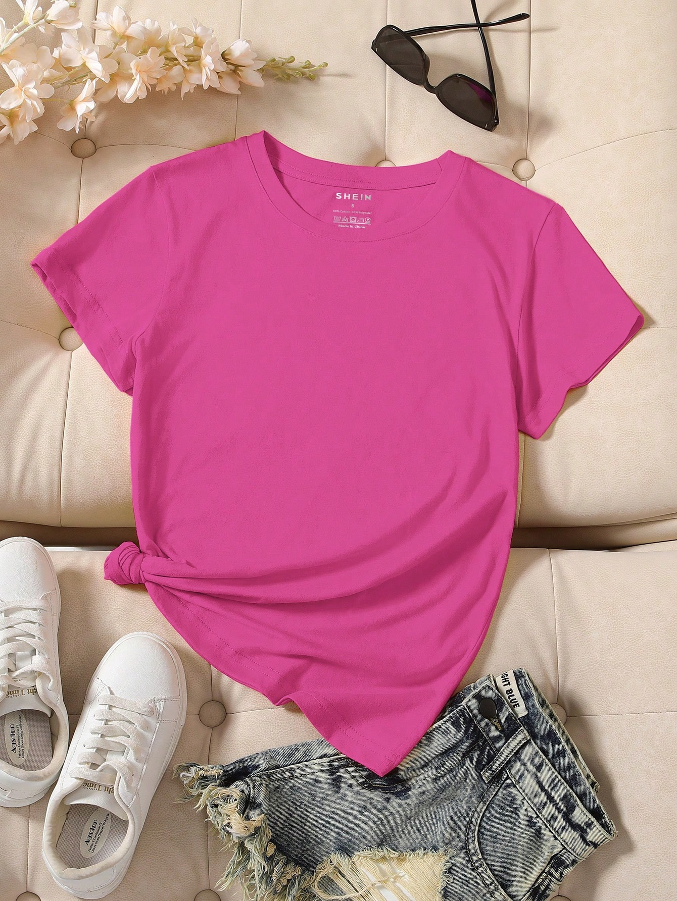 SHEIN LUNE Women's Solid Color Round Neck Casual T-Shirt | SHEIN USA | SHEIN