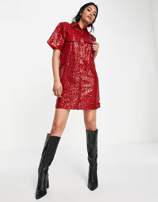 Extro & Vert mini shirt dress in ruby red sequin | ASOS (Global)