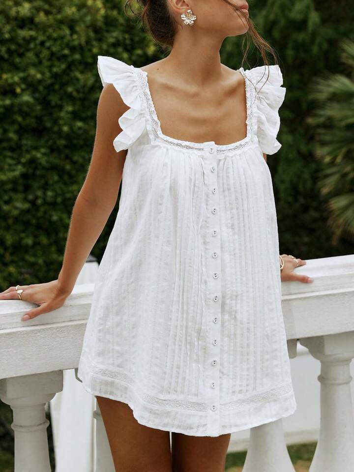 Womens Y2k Summer Botton Down Ruffled Strap Mini Dress Stylish Loose Fit Square Neck Smocked Short Dress Casual Elegant Open Back Dress For Streetwear | SHEIN