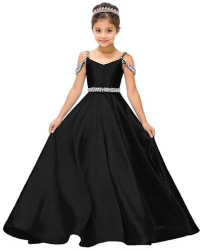 SKAKON Flower Girls Satin Rhinestone Pageant Dresses Princess A Line Floor Length Formal Wedding Party Communion Gowns,Black,12 | Amazon (US)