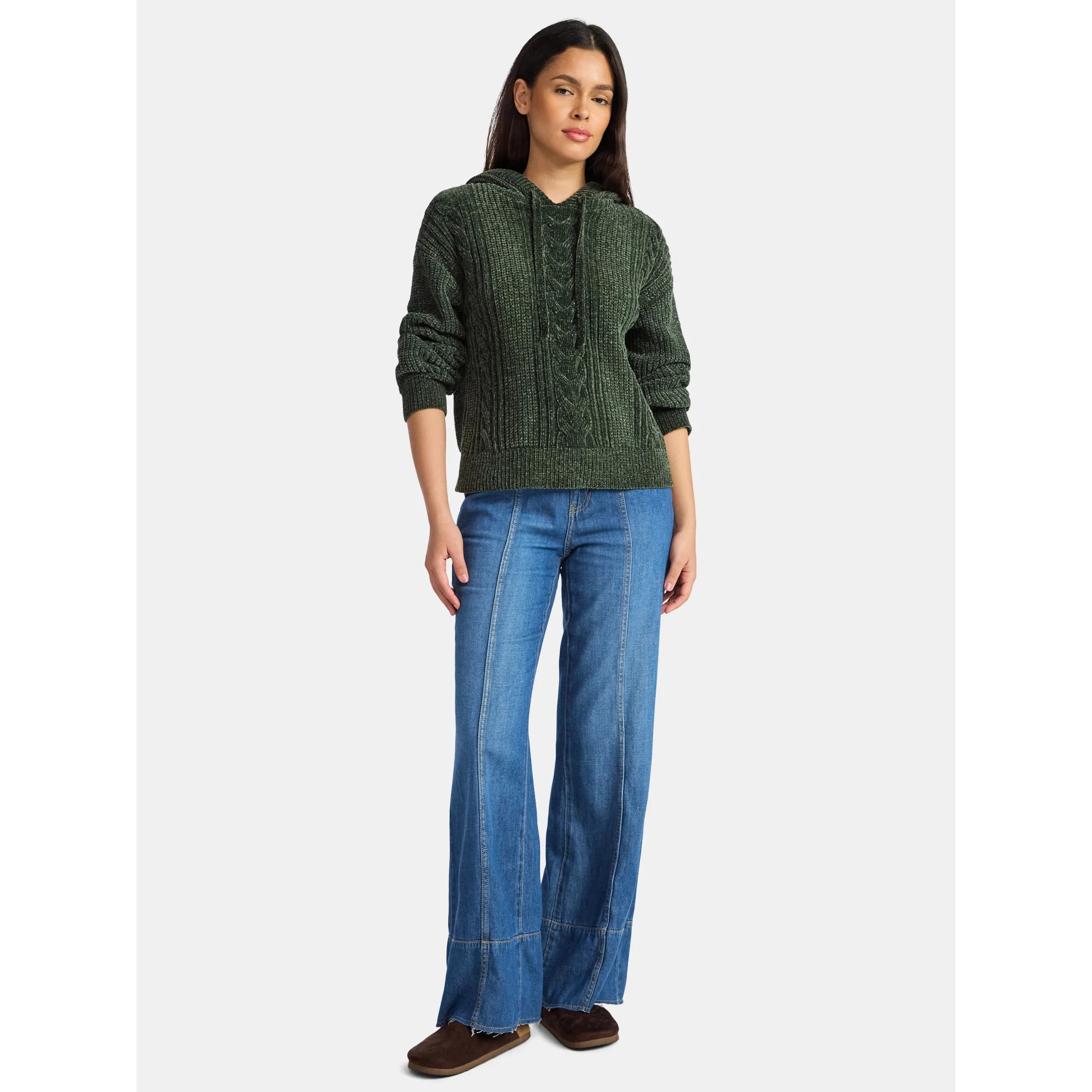 Time and Tru Women's Velveteen Hoodie Pullover Sweater with Long Sleeves, Sizes XS-XXXL | Walmart (US)